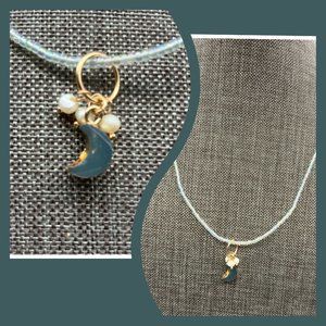 Crescent Moon Pendant Necklace 17 In Pearl Gold Teal Blue Seed Bead Retro BoHo